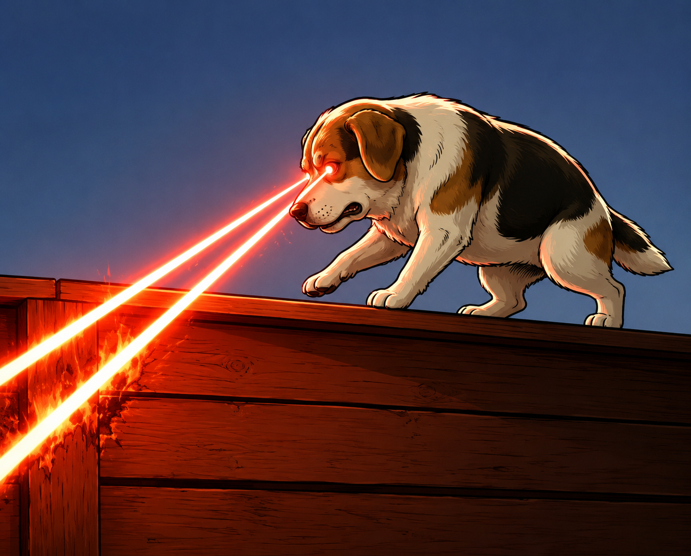 $BOBITHY firing laser beams from his eyes while crouched on a fence